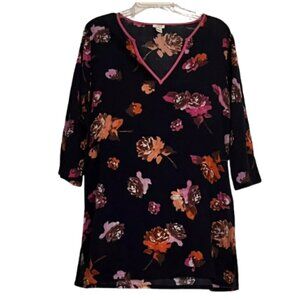 J Crew M Navy Blue Pink Floral Cotton Gauze Tunic V-Neck Side Vents 3/4 Sleeve